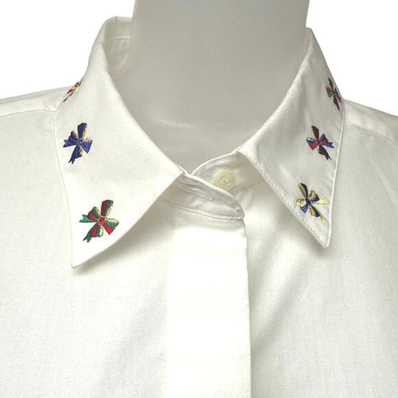 NWT Vintage Talbots White Button Up Shirt Embroidered Bow Neck Blouse Sz Medium - Picture 3 of 8